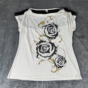 Hybrid Apparel Womens Top Size XL White Rose Graphic Gold Lace Back Biker Rock